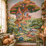 Murale Le chalet de l'oiseau bleu, papier peint oiseau dans un salon avec un chien – Décor Imprimé